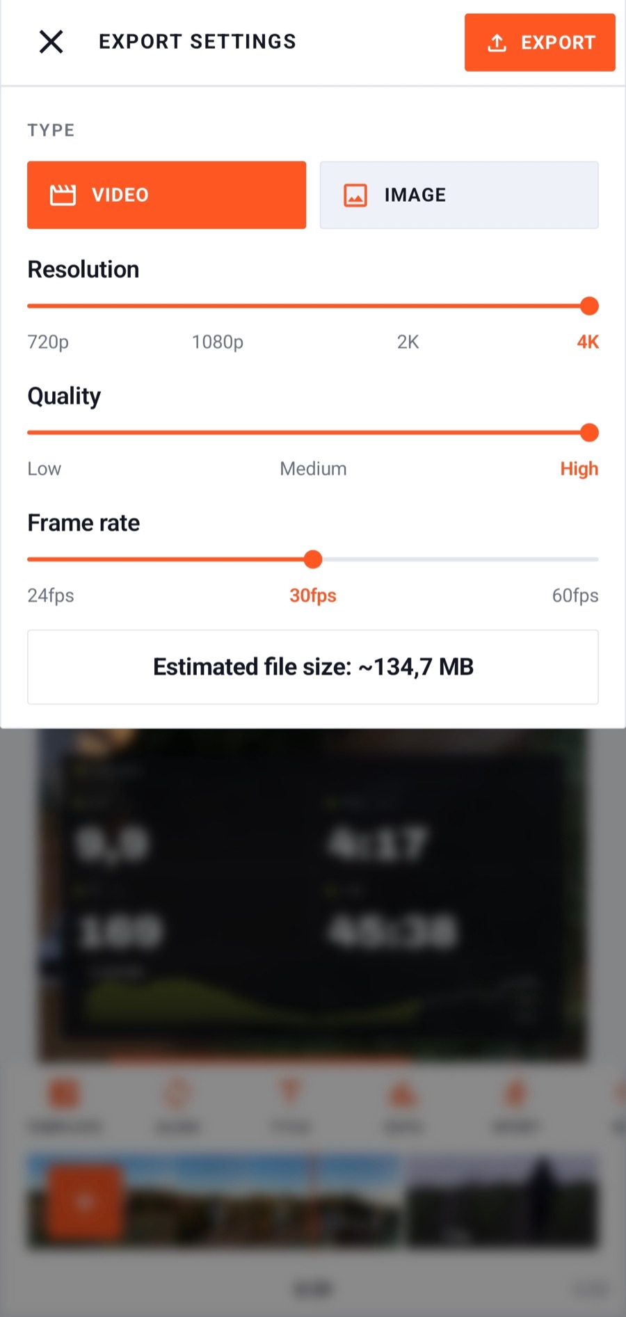 Export settings with resolution up to 4K, quality and frame-rate controls