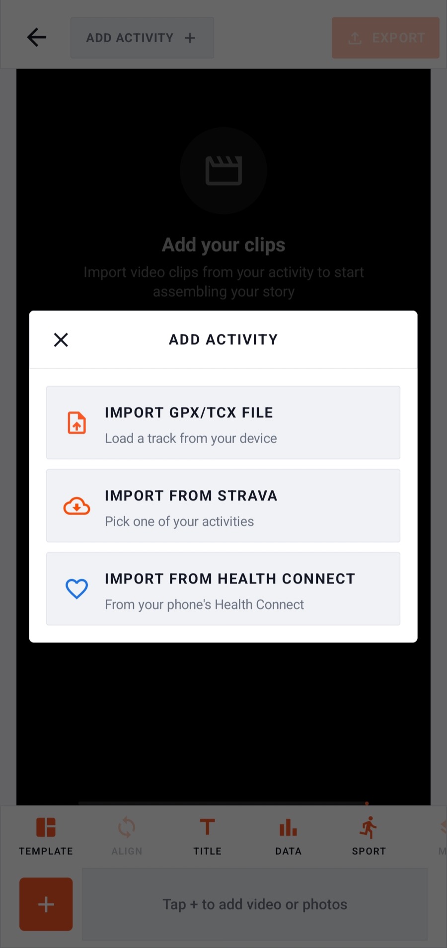 Add activity sheet: import a GPX/TCX file, import from Strava, or import from Health Connect