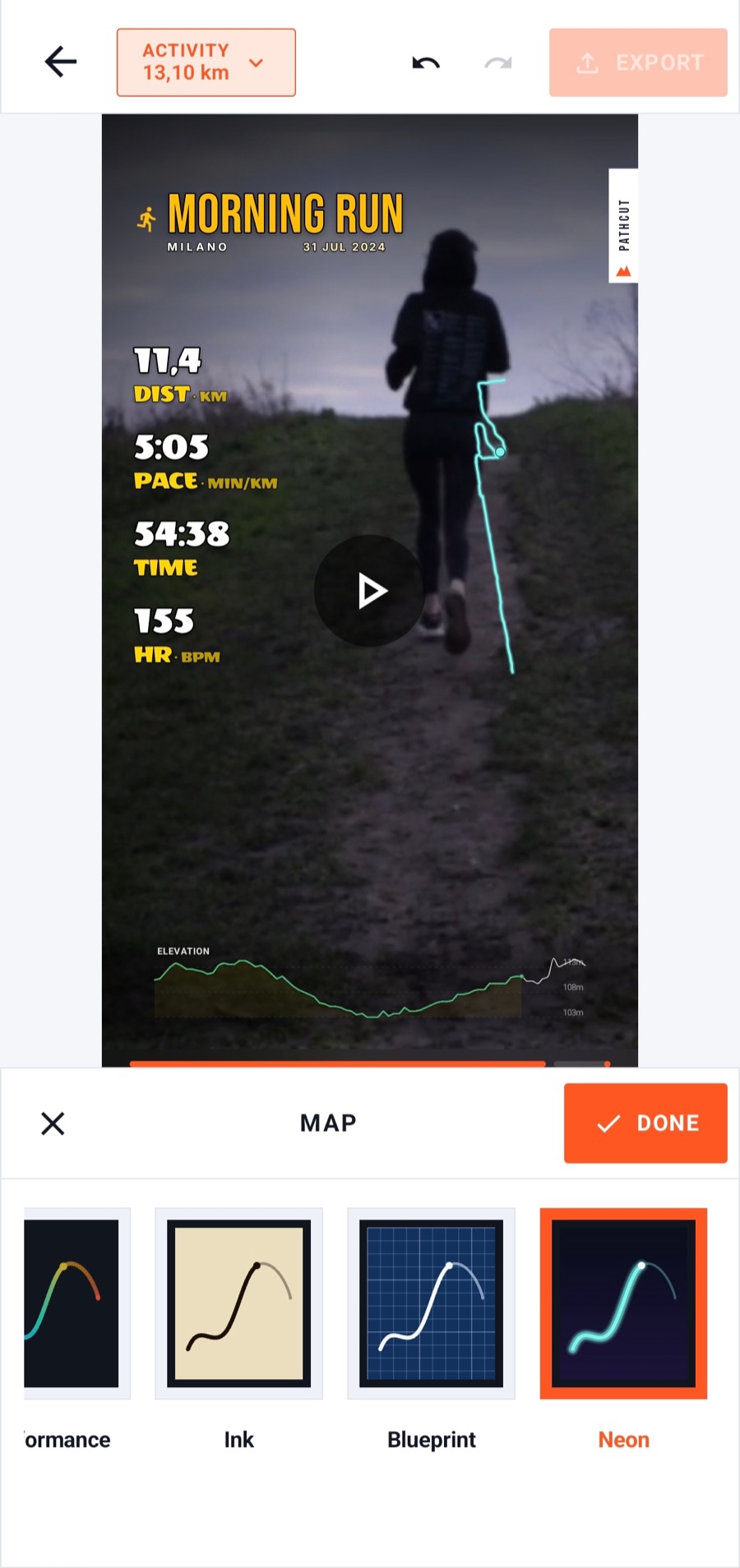 Map style picker with Performance, Ink, Blueprint and Neon route styles